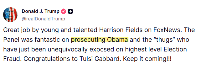 ShadowofEzra's tweet image. President Trump is once again hinting that he's building a legal case to have Barack Obama arrested.
He claims Obama and his "thugs" have now been fully exposed for orchestrating election fraud at the highest level.