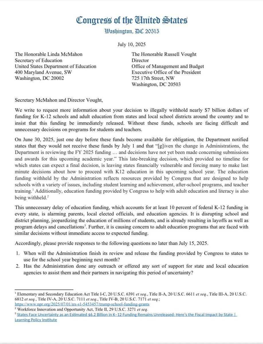 RepNikema's tweet image. #Trump is illegally withholding over $7B in K-12 funding, hurting students nationwide by cutting teacher training, after-school programs, and classroom resources. Atlanta Public Schools in the #FightingFifth alone were expecting $5.3M.
With school starting soon, I've joined my…