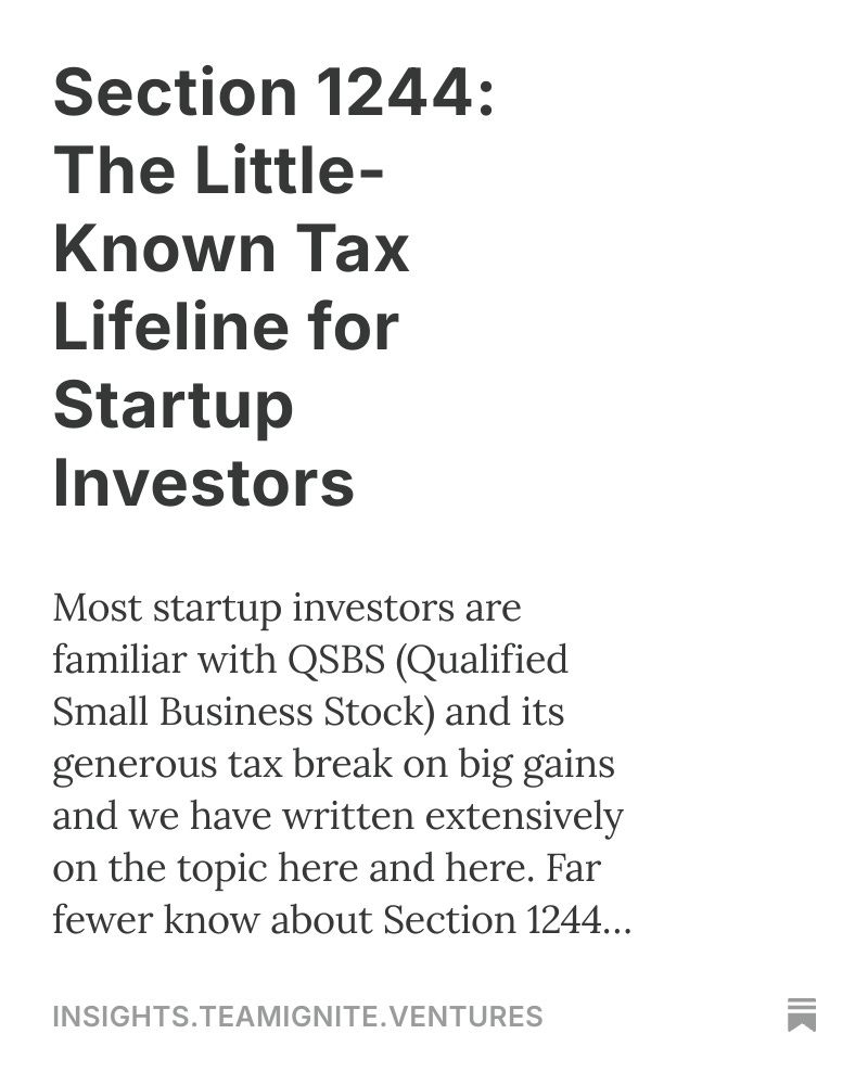 brianrbell's tweet image. Most startup investors know about the QSBS tax break if a company wins.
But almost no one talks about the other side of the coin—how to reduce your tax bill when a startup fails.
Enter Section 1244:
If you invested personally (as one of the first $1M in) and your equity goes to…