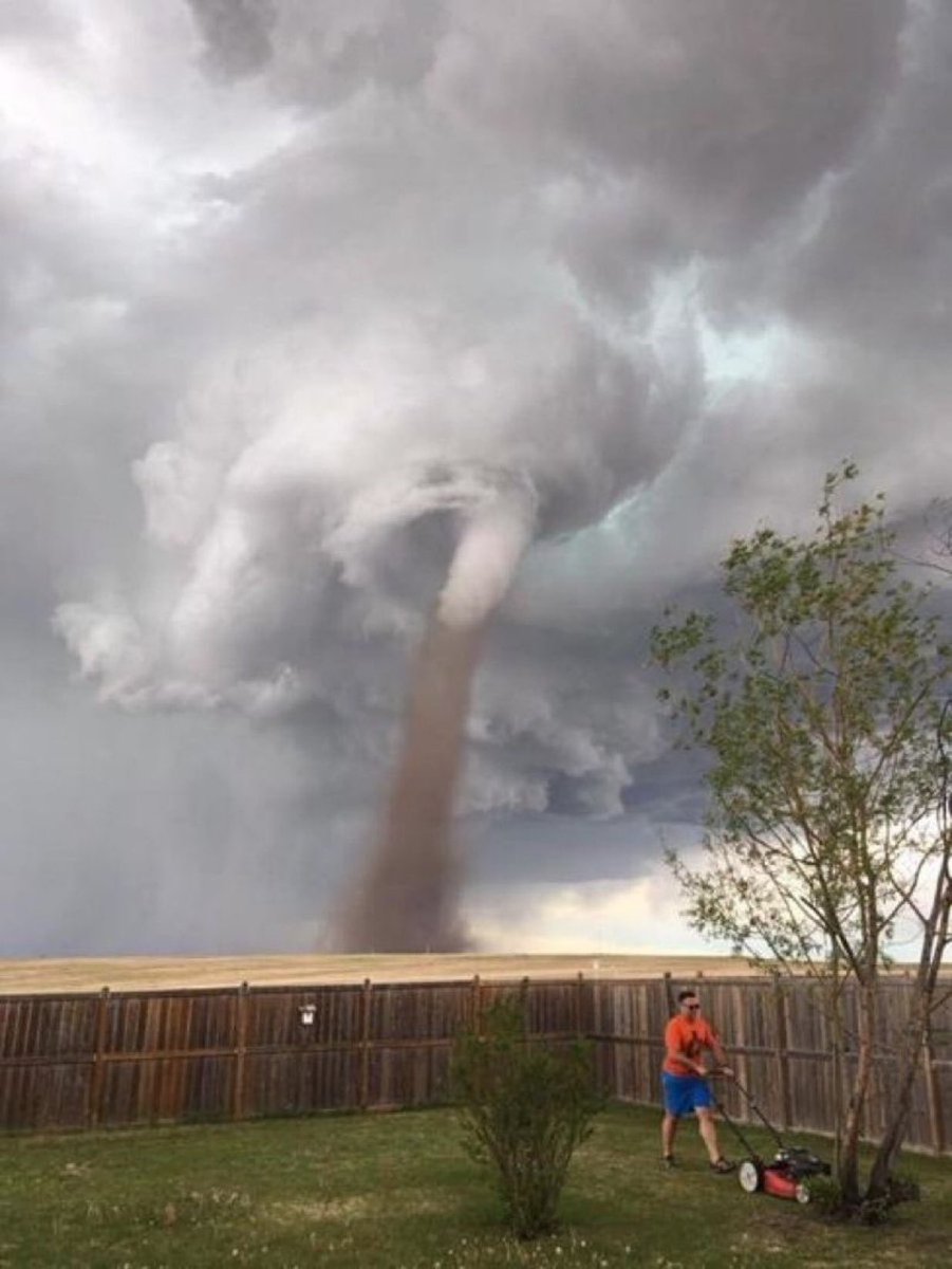 yegwave's tweet image. Meanwhile in Alberta… man breaks out his lawnmower with a tornado behind him and says he "was keeping an eye on it."