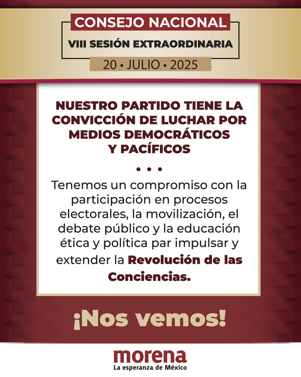 SRIACOMUMORENA's tweet image. Rumbo a la 8ª Sesión Extraordinaria del Consejo Nacional, ¡vamos firmes y unidos!
🔥🗓️ ¡Nos vemos este domingo 20 de julio!
