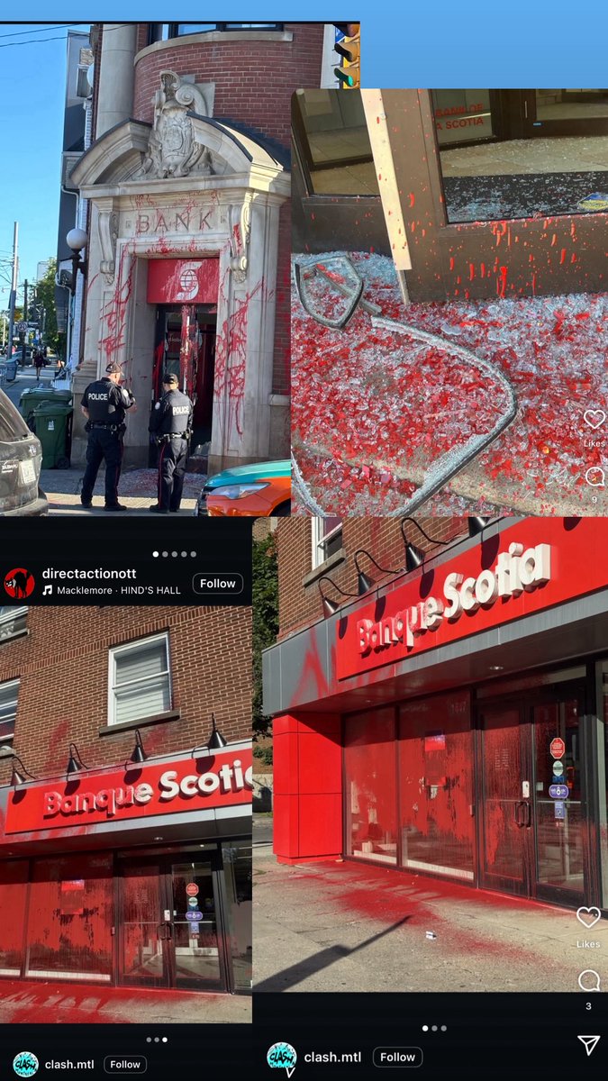 MelissaLMRogers's tweet image. PRO Palestine activists causing more damage and vandalism in Canada π¨π¦ 2 different Scotiabanks were hit. 1 in Toronto, 1 in Montreal. I DO NOT recall this chaos from the freedom convoy yet harsher punishments were slapped on PEACEFUL protestors