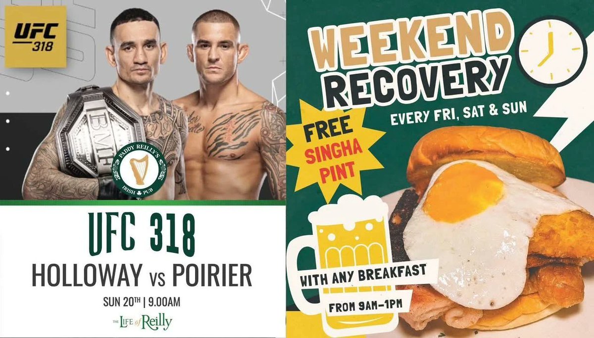 paddyreillysbk's tweet image. 🥊 UFC 318 LIVE this Sunday at Paddy Reilly’s!
Holloway vs Poirier 3 on the big screen from 9AM.
Fuel up with a proper breakfast and kick off your weekend recovery 🍳🍔🍺
Every Fri–Sun from 9AM–1PM.

#PaddyReillysBKK #UFC318 #WeekendRecovery #BangkokSportsBar #IrishPubVibes