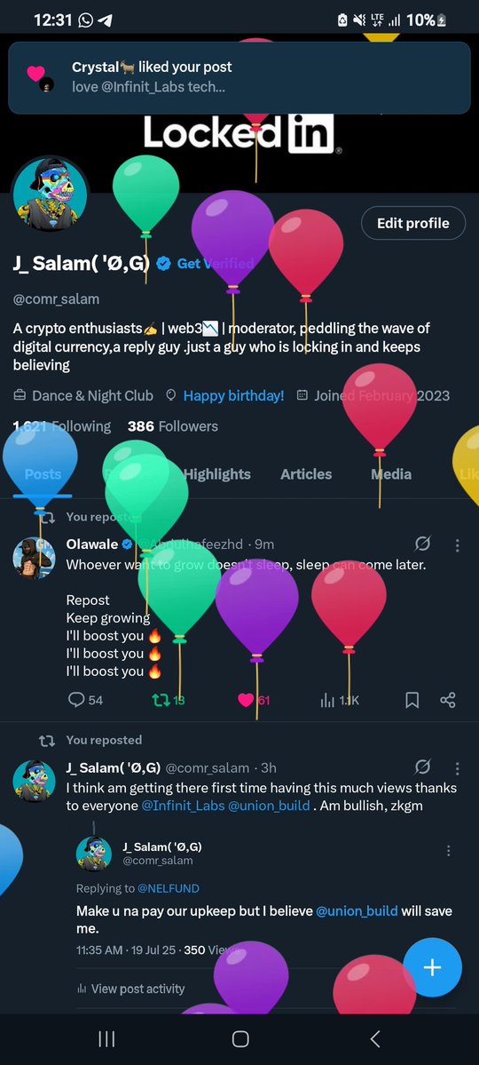 comr_salam's tweet image. Damn just got notified today is ma birthday
Can't sleep been up engaging all @Infinit_Labs that appears on my Tl
And running transactions in union testnet and sharing my mindshare on any post that appears on my Tl @union_build