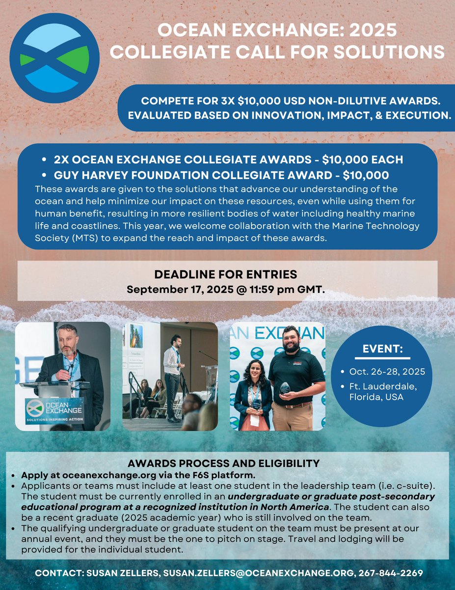 TheOceanExch's tweet image. Final reminder for Collegiate Awards - deadline is next week!🌎 3 prizes. $10K each. Ocean Exchange wants your bold ideas.
Deadline: Sept. 17, 2025
#Sustainability #OceanTech #ClimateAction #OceanExchange25