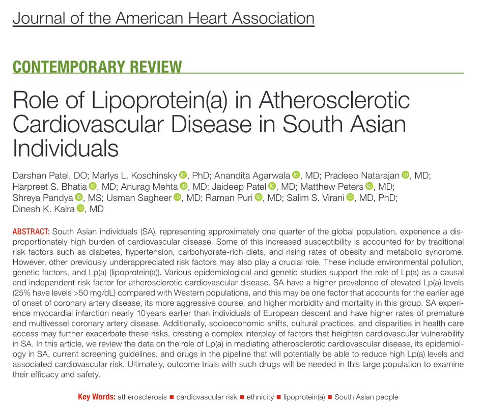 pnatarajanmd's tweet image. Delighted to contribute to this review spearheaded by D. Patel & @DineshKalra on lipoprotein(a) among South Asian individuals ahajournals.org/doi/10.1161/JA… @JAHA_AHA @ourhealthstudy