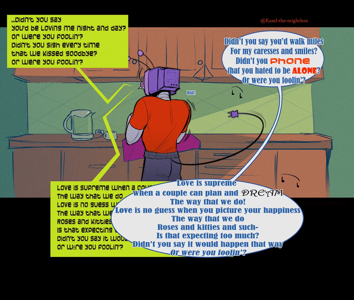 fon_Stieglitz's tweet image. TV and his suspiciously pink-yellow coloured glasses sing in the kitchen