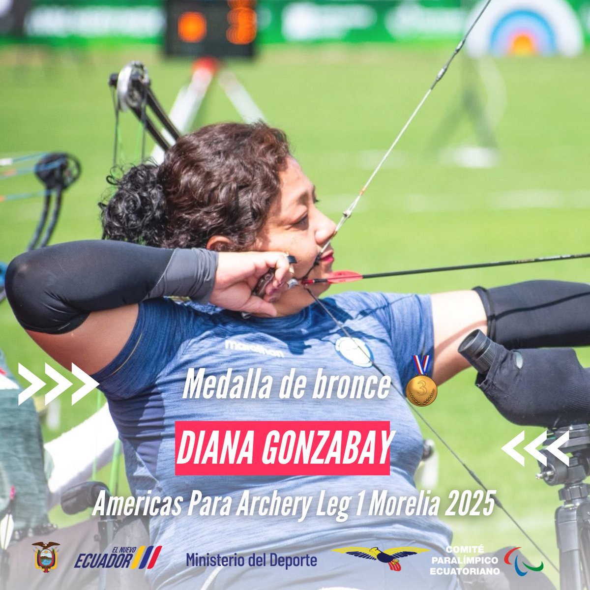 ¡DIANA BRILLA EN MÉXICO! 🇲🇽😍

Nuestra deportista de para-tiro con arco perteneciente al Plan Alto Rendimiento 🇪🇨 Diana Gonzabay, obtuvo el tercer lugar y medalla de bronce 🥉 en el Americas Para Archery Leg 1 Morelia 2025 🏹 luego de superar por 139-117 a Brandi Jones 🇺🇸.