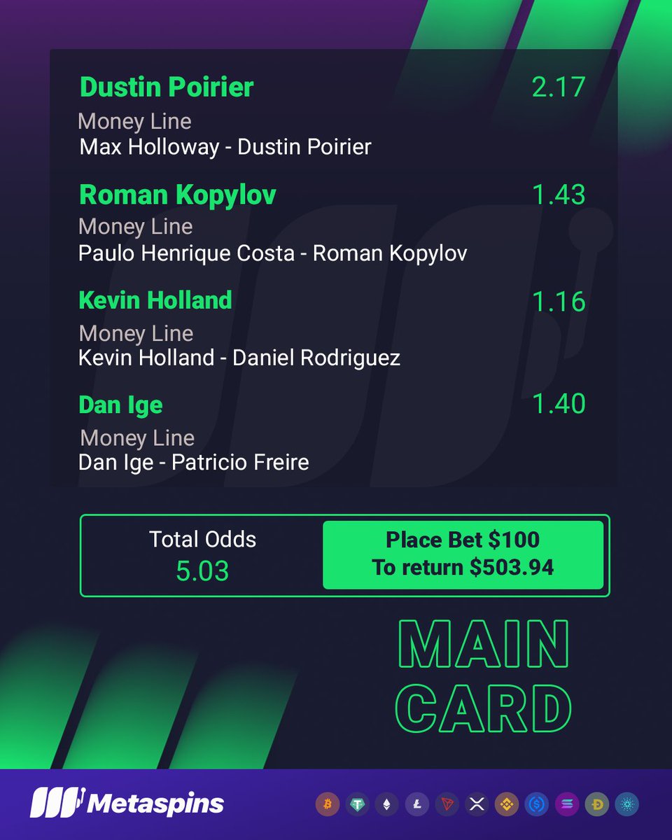 metaspinscasino's tweet photo. Who's backing this #UFC318 betslip? 👀 https://t.co/3ptm2PaCSn