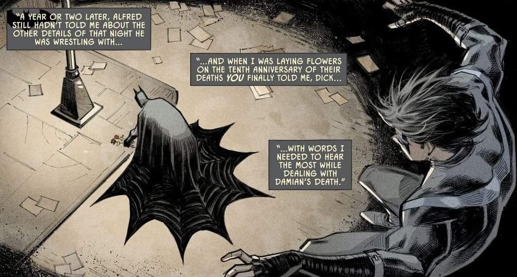 ComicGirlAshley's tweet image. Remember when Bruce was dealing with Damian's death on the 10th anniversary of his parent's murder making Batman 18 with four Robins, Nightwing about 10 and Damian being born when his father was like 6.
