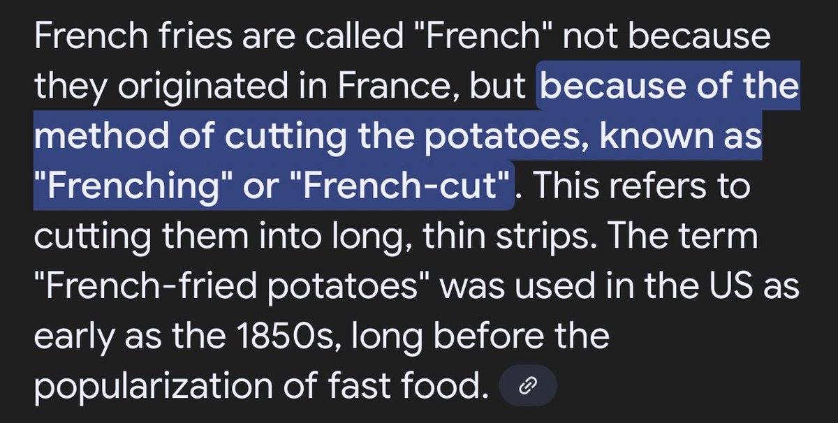 Dad: why are they called French fries?? Shouldn’t we call them USA Fries or something.

Me: yeah, they tried that 20 years ago, they called them freedom fries, lets just say that didn’t work

#dadquestions