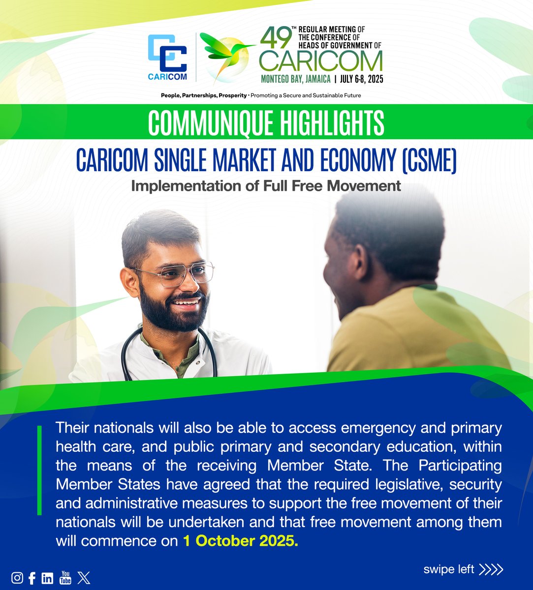 CARICOMorg's tweet image. ✈️Free Movement in the Region
📆From Oct 1 2025, nationals of 🇧🇧🇧🇿🇩🇲🇻🇨 can live and work freely across these Member States.
👩🏽⚕️ This includes access to education and healthcare.
👨✈️Aviation personnel are now added to the categories of skilled Community nationals
➡️Swipe now to…