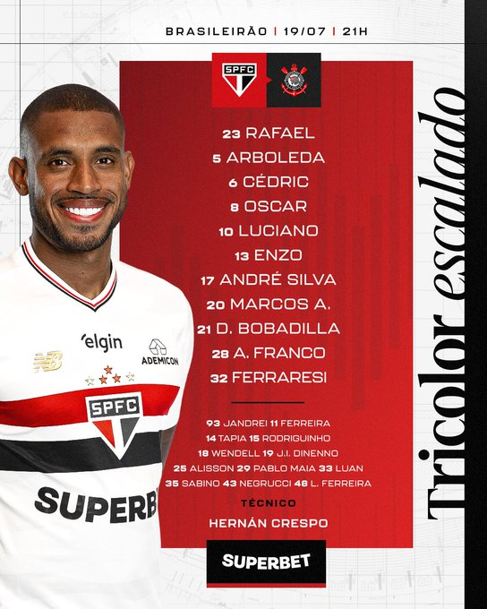 Tabela_Br's tweet photo. 📋| Escalações de São Paulo e Corinthians.          

#SAOxCOR #brasileirao2025 https://t.co/SjTufYyEzv