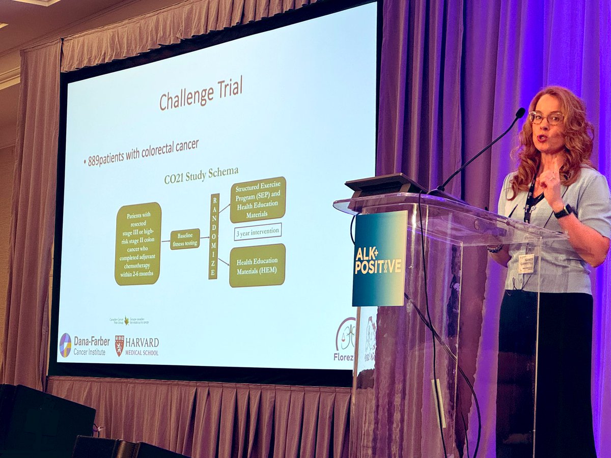 ALKPositiveinc's tweet image. At #ALKSummit25 @DanaFarber’s Nancy Campbell says: We hear that “exercise is medicine” &amp;amp; now the CHALLENGE trial confirms it’s true. 

The good news is not much more required than sneakers &amp;amp; 3-4 brisk 45-60 min walks per week to improve survival. 

#StrongerTogether #LCSM