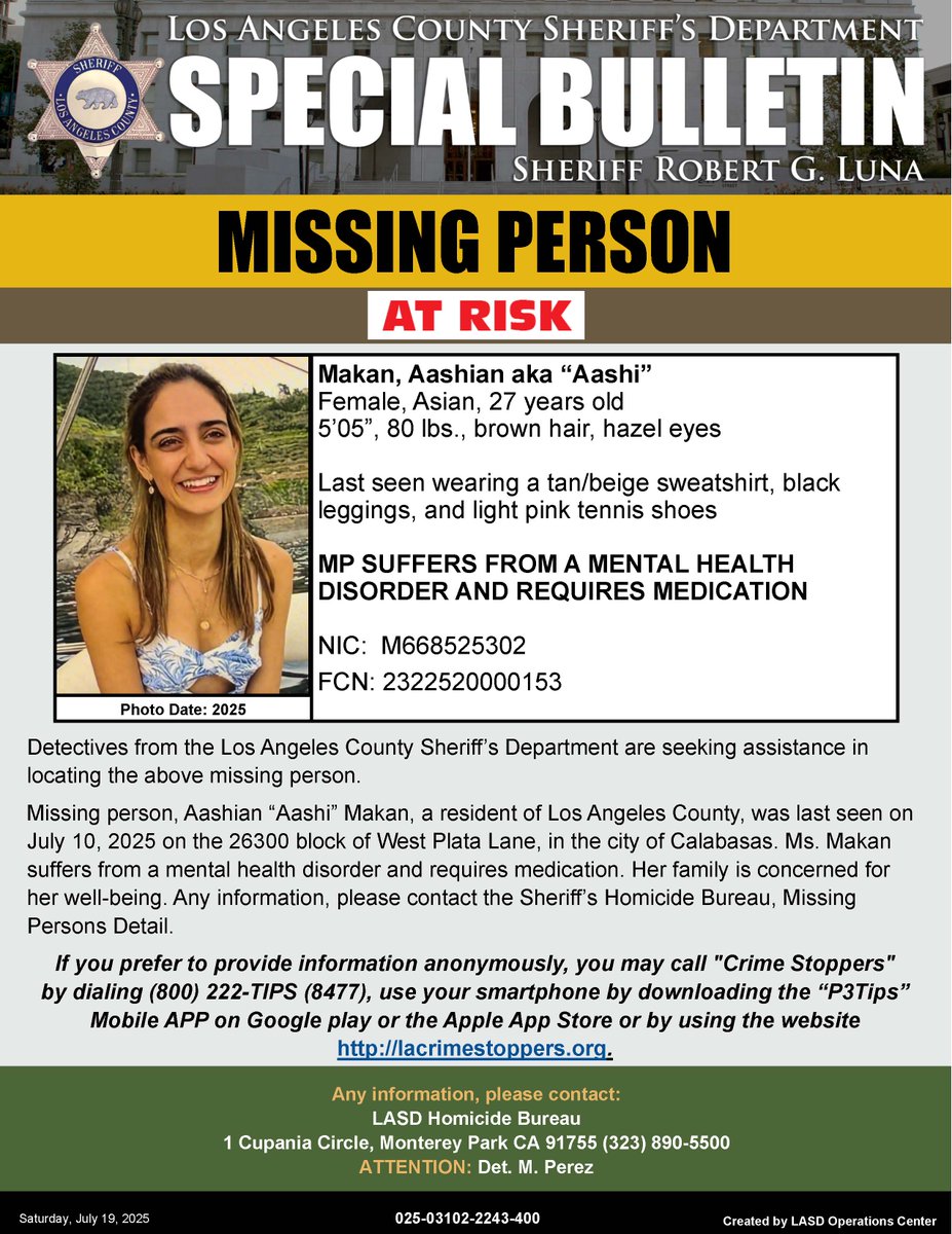 LASDHQ's tweet image. #LASD is Asking for the Public’s Help Locating At-Risk Missing Person, Aashian aka “Aashi” Makan, #Calabasas
local.nixle.com/alert/11744381/