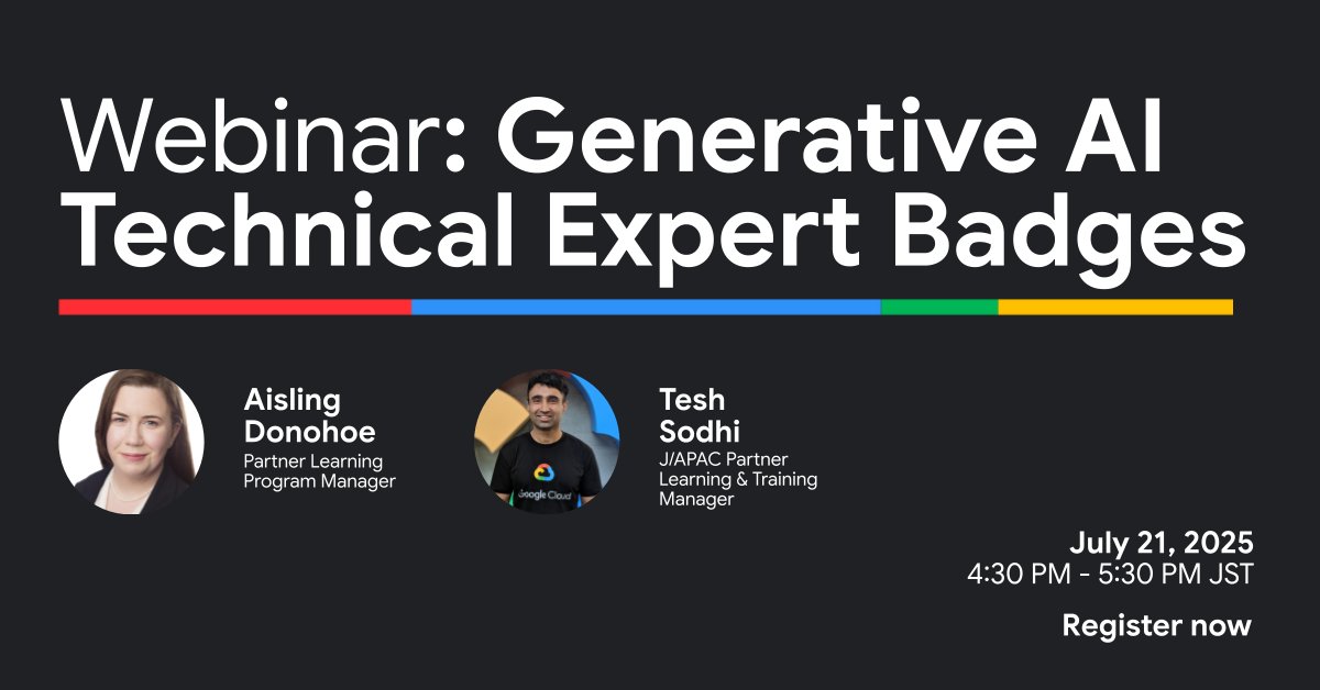 gcloudpartners's tweet image. 🚀 Want to validate your team's #genAIexpertise? Join our exclusive webinar on the new Technical Expert Badges. Featuring a live Q&A with Google Cloud experts. Register now → goo.gle/teb-webinar.