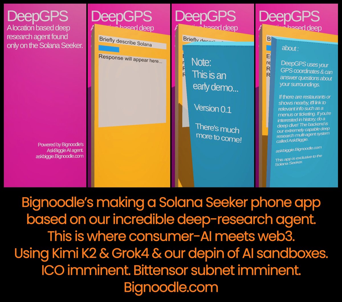 BignoodleBTC's tweet image. Kick in the door, wavin' the Grok4! Here's a tease, some screenshots mid-production of our #SolanaSeeker phone app based on our incredible deep-research AI agent called AskBiggie. ConsumerAI+Web3=Bignoodle. #Solana #Seeker #FutureOfUX