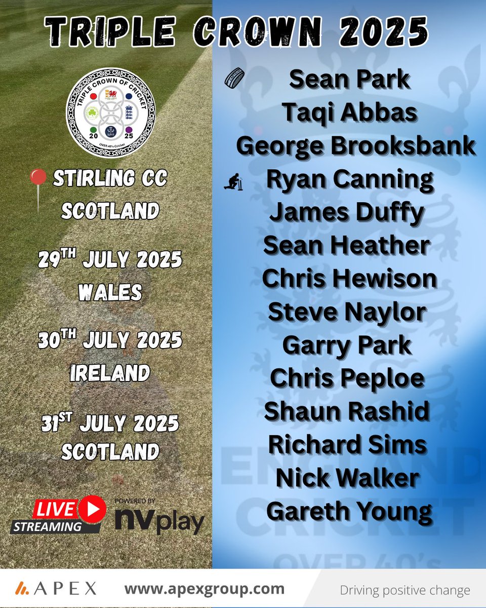 England Over 40s Cricket (@eng40scricket) on Twitter photo <a href="/Eng40sCricket/">England Over 40s Cricket</a> squad for the Triple Crown of Cricket 2025 hosted by Scotland Seniors Cricket in Stirling with <a href="/walesover40s/">Wales Over 40s Cricket</a> and <a href="/VetCricketIre/">Veterans Cricket Association of Ireland</a> with <a href="/nvplaycricket/">NV Play</a> supporting the Live stream. Looking forward to a great 3 days of cricket.
<a href="/ApexGlobalGroup/">Apex Group</a> <a href="/Gentlemenplayer/">Gentlemen & Players</a> <a href="/Eng40sCricket/">England Over 40s Cricket</a> squad for the Triple Crown of Cricket 2025 hosted by Scotland Seniors Cricket in Stirling with <a href="/walesover40s/">Wales Over 40s Cricket</a> and <a href="/VetCricketIre/">Veterans Cricket Association of Ireland</a> with <a href="/nvplaycricket/">NV Play</a> supporting the Live stream. Looking forward to a great 3 days of cricket.
<a href="/ApexGlobalGroup/">Apex Group</a> <a href="/Gentlemenplayer/">Gentlemen & Players</a>