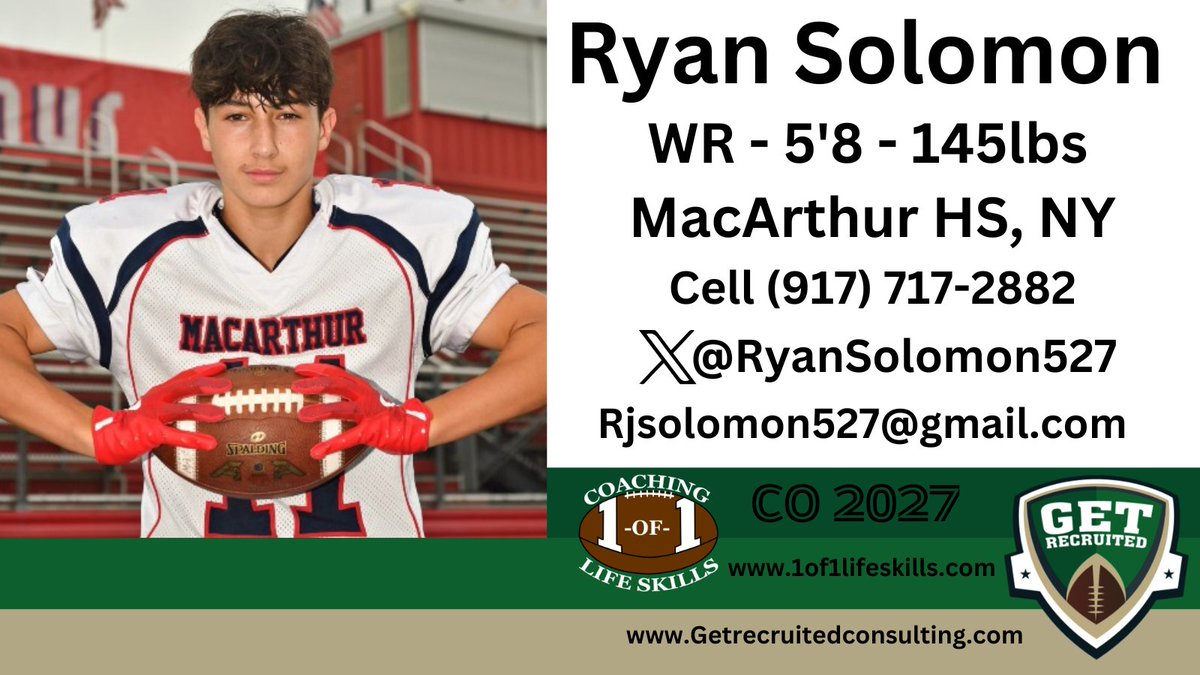 Get Recruited (@get__recruited) on Twitter photo Ryan Solomon - CO 2027 - WR - 5'8, 145lbs - 3.5 GPA - Strong, quick, smart, great ball skills. MacArthur HS, NY. Player profile: app.productiverecruit.com/profile/ryan-s… <a href="/RyanSolomon527/">Ryan Solomon</a> @1of1lifeskills <a href="/EUEaglesFB/">Eastern University Football</a> <a href="/FDUFootball/">FDU Football</a> <a href="/KingsCollegeFB/">King's Football 🏈</a> <a href="/LVCFootball/">LVC Football</a> <a href="/MUCougarsFB/">Misericordia University Football</a> <a href="/SUMustangFB/">Stevenson Football</a> Ryan Solomon - CO 2027 - WR - 5'8, 145lbs - 3.5 GPA - Strong, quick, smart, great ball skills. MacArthur HS, NY. Player profile: app.productiverecruit.com/profile/ryan-s… <a href="/RyanSolomon527/">Ryan Solomon</a> @1of1lifeskills <a href="/EUEaglesFB/">Eastern University Football</a> <a href="/FDUFootball/">FDU Football</a> <a href="/KingsCollegeFB/">King's Football 🏈</a> <a href="/LVCFootball/">LVC Football</a> <a href="/MUCougarsFB/">Misericordia University Football</a> <a href="/SUMustangFB/">Stevenson Football</a>