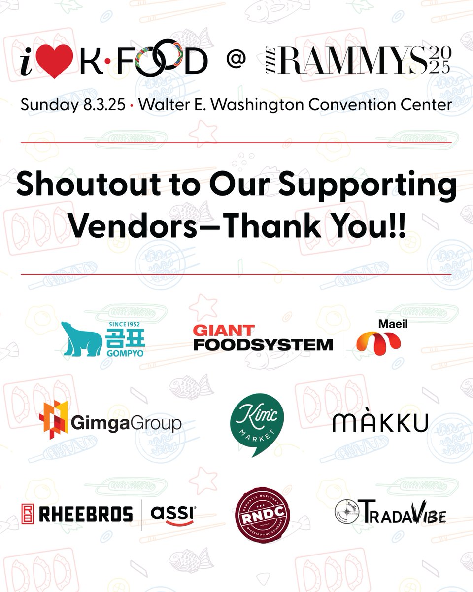 KFOODinUS's tweet photo. A huge thank you to our amazing supporting vendors for the 2025 RAMMYS! Your continued support helps us celebrate and grow the presence of K-Food in U.S.🤩
-
#RAMMYS2025 #DMVEats #DMVGala #KFoodinUS #KFood https://t.co/x5jFbx36i4