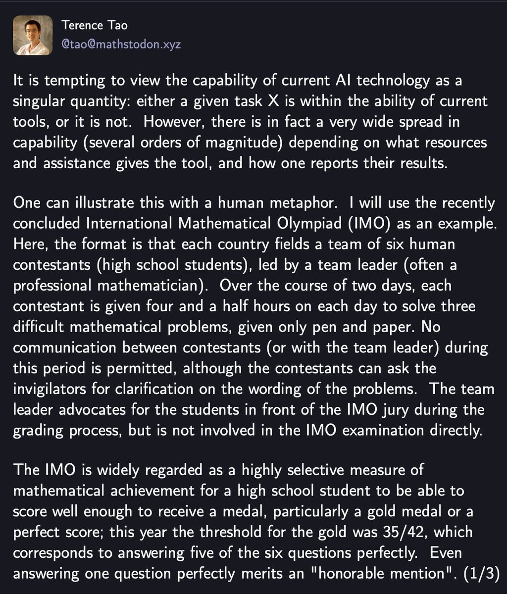 luismbat's tweet image. Tao’s key point on recent AI IMO results: Without tightly controlled, standardized test conditions, we can’t meaningfully compare AI models to humans. Format changes like time, collaboration, filtering outputs can inflate scores by orders of magnitude.