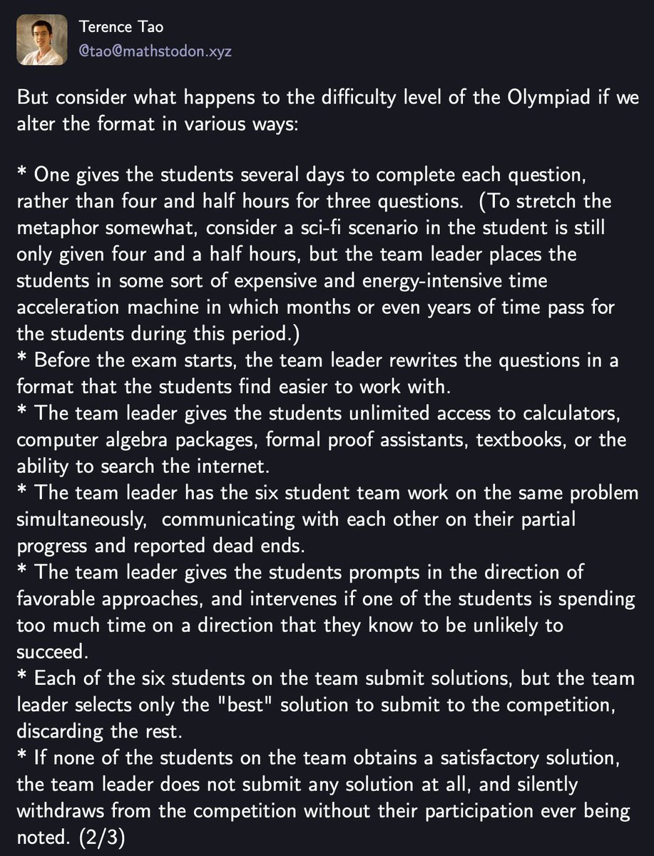 luismbat's tweet image. Tao’s key point on recent AI IMO results: Without tightly controlled, standardized test conditions, we can’t meaningfully compare AI models to humans. Format changes like time, collaboration, filtering outputs can inflate scores by orders of magnitude.