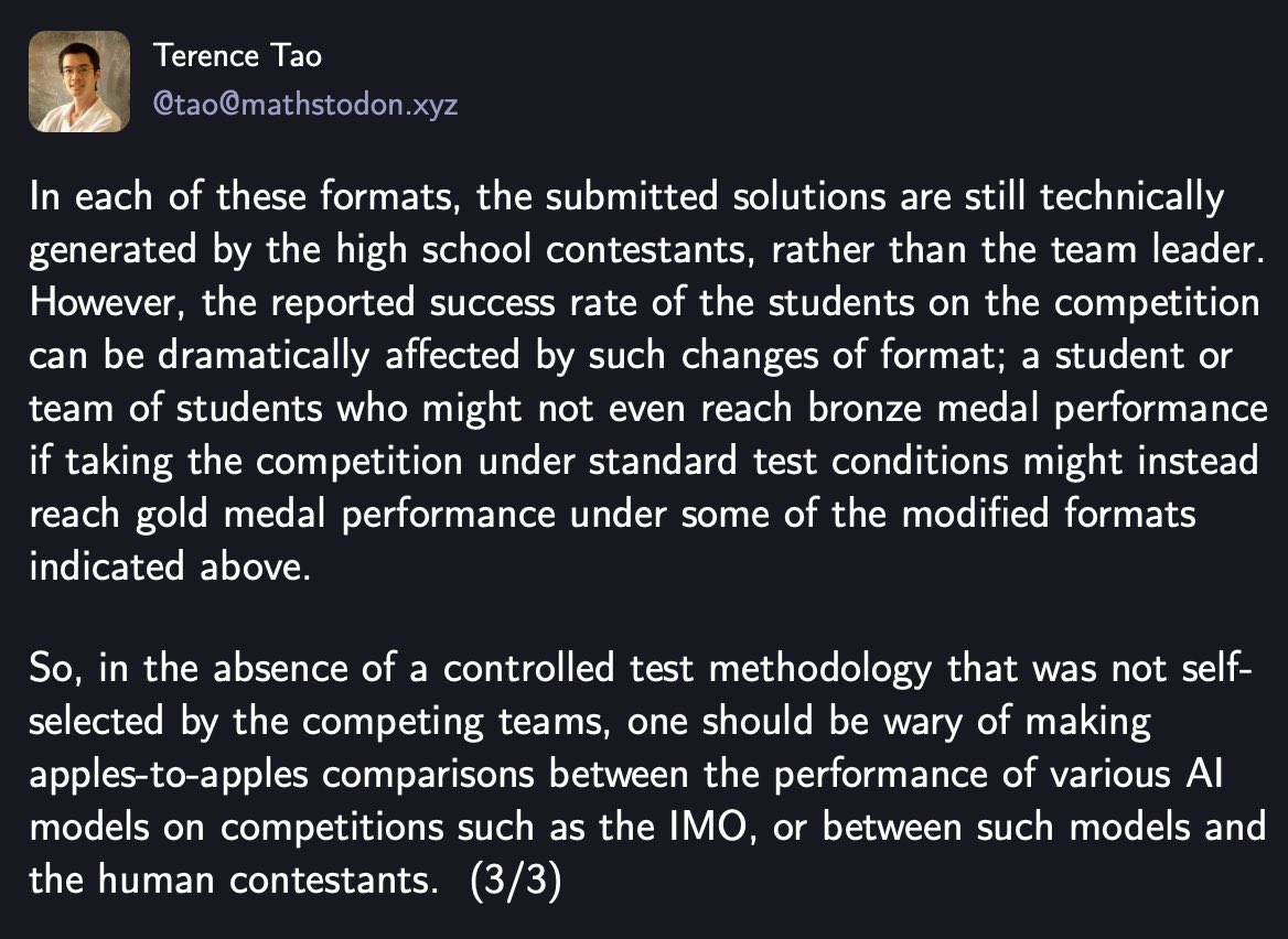 luismbat's tweet image. Tao’s key point on recent AI IMO results: Without tightly controlled, standardized test conditions, we can’t meaningfully compare AI models to humans. Format changes like time, collaboration, filtering outputs can inflate scores by orders of magnitude.
