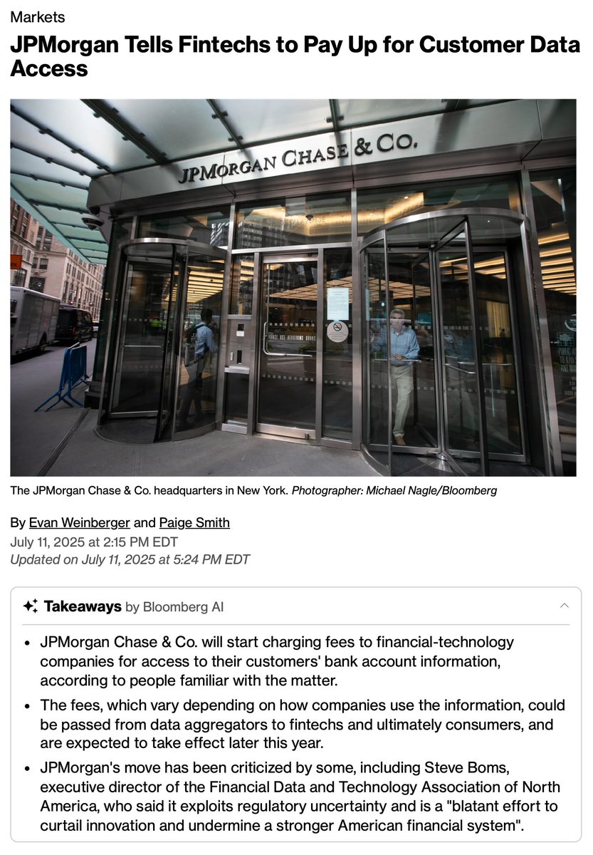 tyler's tweet image. JPMorgan and the banksters are trying to kill fintech and crypto companies. They want to take away your right to access your banking data for FREE via-third party apps like @Plaid and instead charge you and fintechs exorbitant fees to access YOUR DATA. This will bankrupt fintechs…
