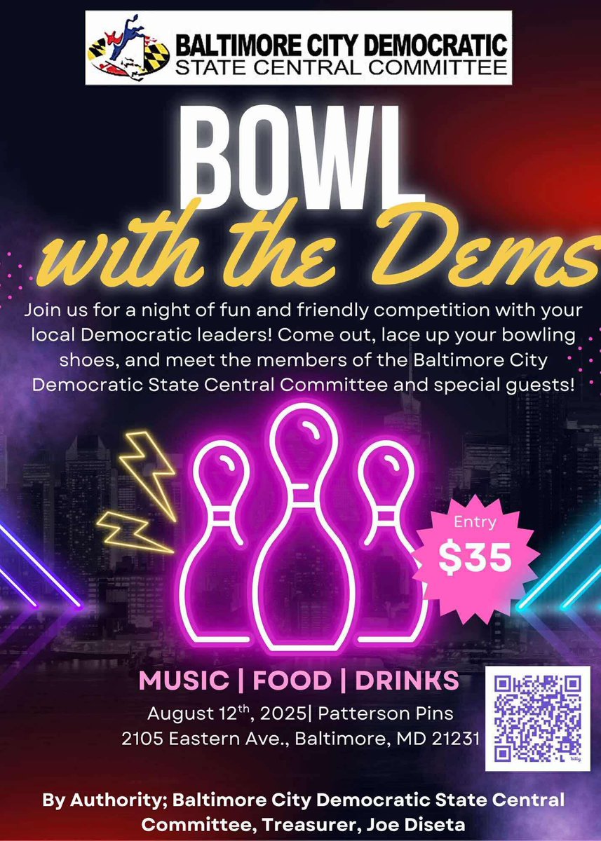 Come out join me on the lanes for a fun evening of quintessential Baltimore culture - duckpin bowling!  Or just come for the food!

Tuesday, August 12, 6-8PM
Patterson Pins, 2105 Eastern Avenue
$35: includes music, food, and non alcoholic drinks!

Tickets: bit.ly/bowlwiththedems