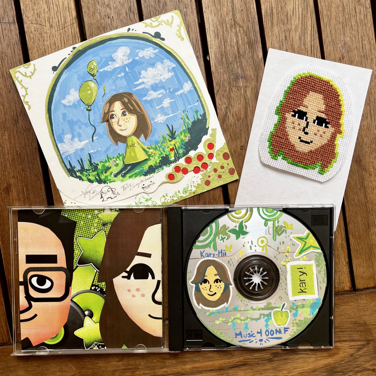 ordartz's tweet image. Handcrafted gifts for a friend’s birthday who really likes Miis and… brat! 💚
