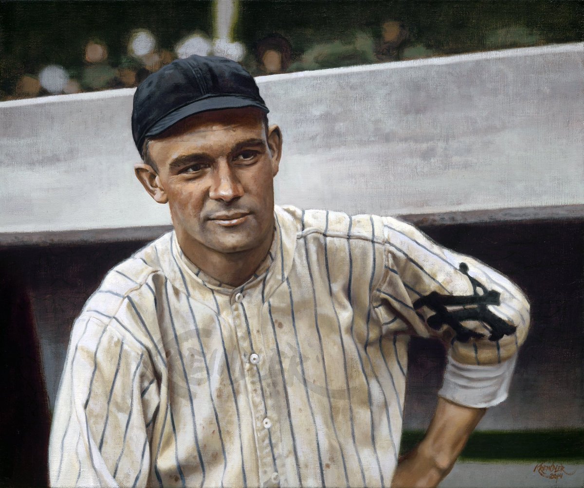 GraigKreindler's tweet image. #OTD in 1912, Rube Marquard won his 20th game when the Giants beat St. Louis at the Polo Grounds, 6-3, reaching the milestone quicker than any other hurler in history. Here’s my painting of him that same year, based on the photography of Charles Conlon.