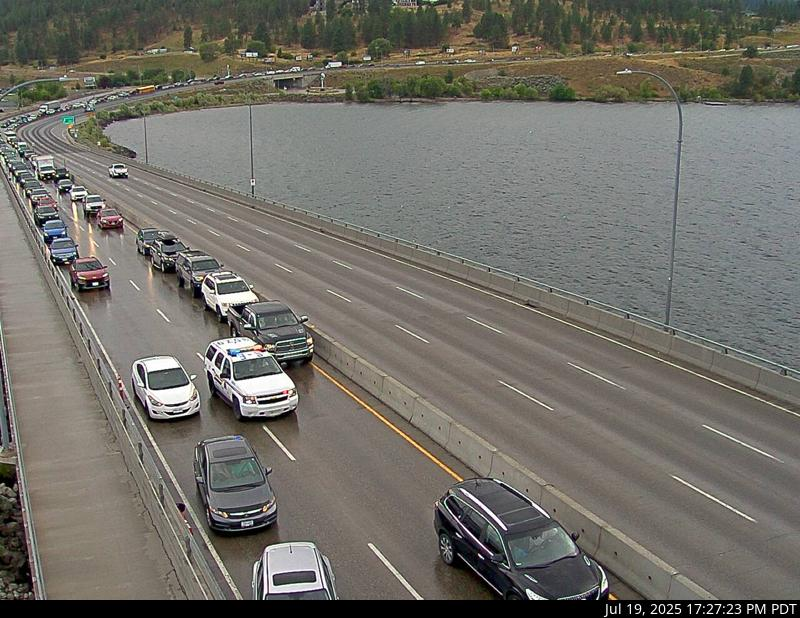 DriveBC's tweet photo. ⚠️#WRBBridge Northbound vehicle incident has the bridge reduced to a single lane. #Kelowna #Westbank #WestKelowna #BCHwy97 https://t.co/mArdpOLrpz