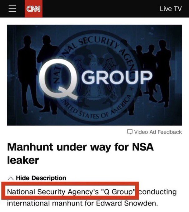 The image shows a CNN webpage screenshot featuring silhouettes of people against a blue background with the NSA seal and 'Q Group' prominently displayed. The headline reads 'Manhunt under way for NSA leaker Edward Snowden,' with a red box highlighting 'National Security Agency\'s "Q Group" conducting international manhunt for Edward Snowden.' The post text context suggests QAnon as a military intelligence backchannel, linking the NSA and Q Group to a broader conspiracy involving national security and irregular warfare, explaining the image\'s significance as evidence of QAnon\'s legitimacy. No platform watermarks are present.