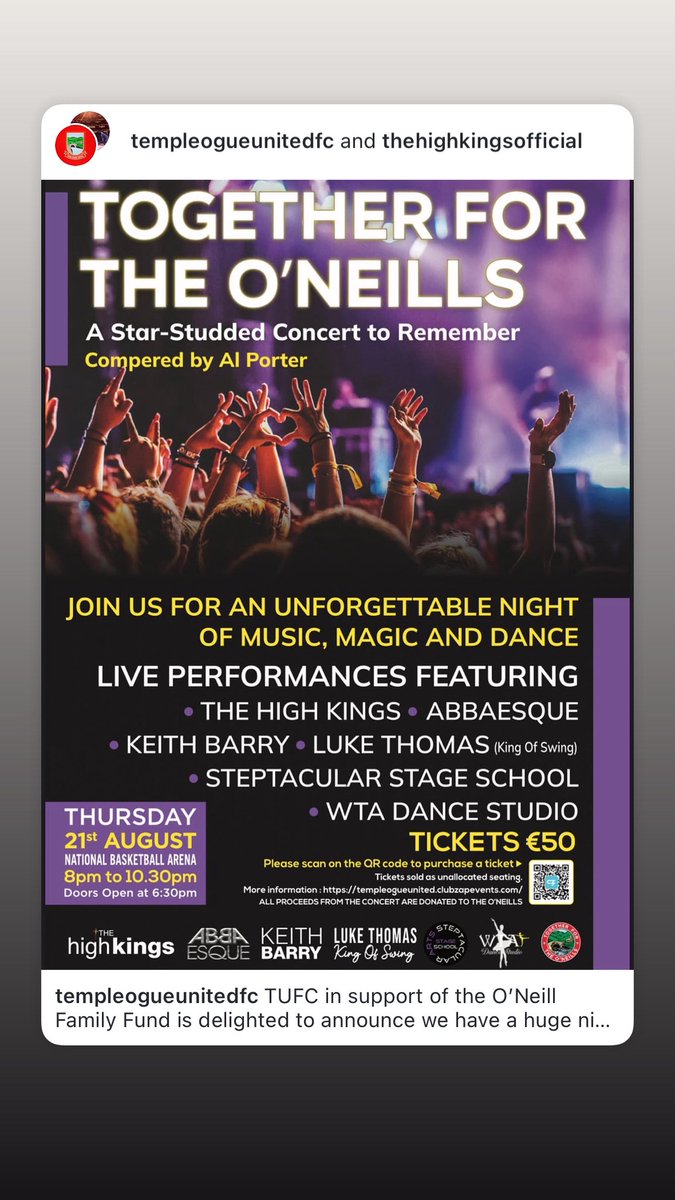 Darren Holden (@darrenholden72) on Twitter photo <a href="/TUFC1977/">Templeogue United FC</a> in support of the O’Neill Family Fund is delighted to announce we have a huge night of entertainment confirmed.
🏟️- National Basketball Arena
📅 - Thurs 21st August
🕰️- 7:30pm ~ 10:30pm
The line-up has been confirmed as follows The High Kings, Al Porter <a href="/TUFC1977/">Templeogue United FC</a> in support of the O’Neill Family Fund is delighted to announce we have a huge night of entertainment confirmed.
🏟️- National Basketball Arena
📅 - Thurs 21st August
🕰️- 7:30pm ~ 10:30pm
The line-up has been confirmed as follows The High Kings, Al Porter