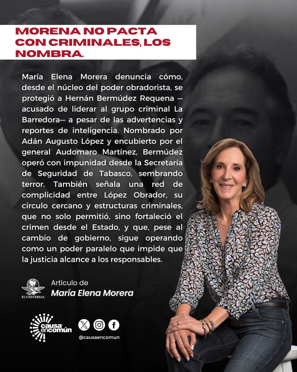 🔍 ¿Quién protege a los criminales desde el poder?
En Tabasco no se infiltró el narco: el Estado lo cobijó.
<a href="/MaElenaMorera/">Maria Elena Morera</a> revela una red de complicidades al más alto nivel, con nombres, cargos y omisiones que hoy siguen impunes.

📰 Lee el artículo completo “Morena no pacta con