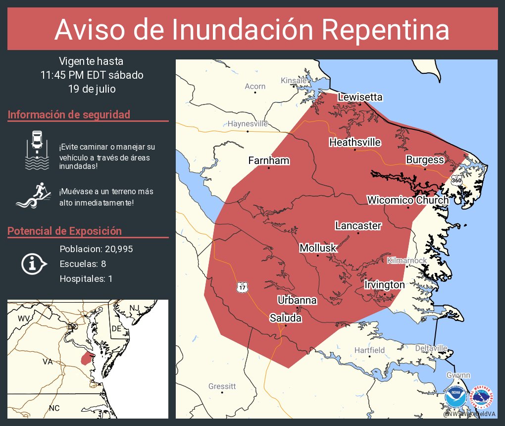 NWSWakefieldVA's tweet image. Aviso de Inundación Repentina incluye Saluda VA, Urbanna VA, Irvington VA hasta las 11:45 PM EDT