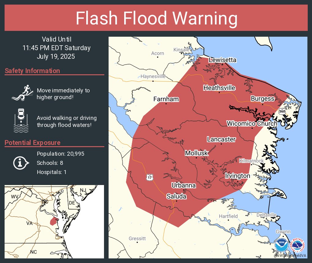 NWSWakefieldVA's tweet image. Flash Flood Warning including Saluda VA, Urbanna VA and Irvington VA until 11:45 PM EDT