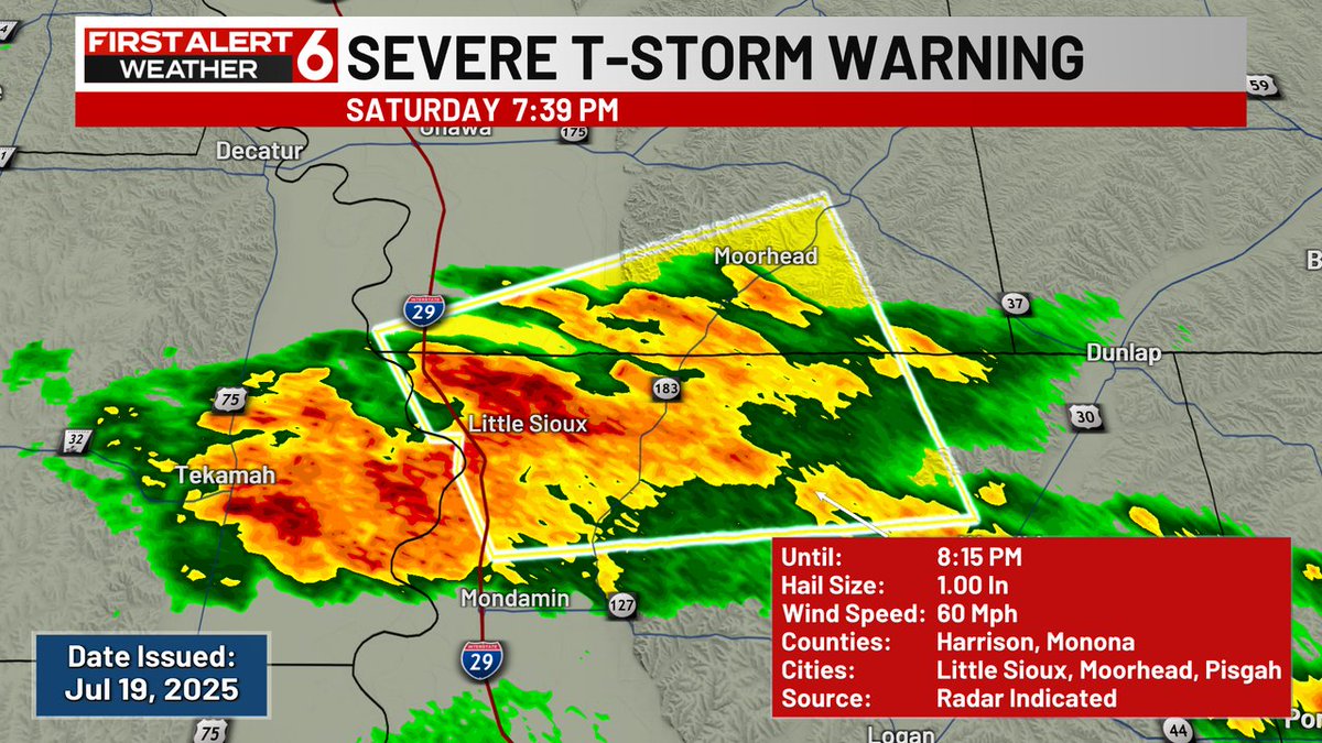 RustyLord's tweet image. FIRST ALERT: A Severe Thunderstorm Warning is currently in effect for Harrison, Monona counties until Jul 19 8:15PM. Check the First Alert 6 Weather App and First Alert 6 on air for more information.
