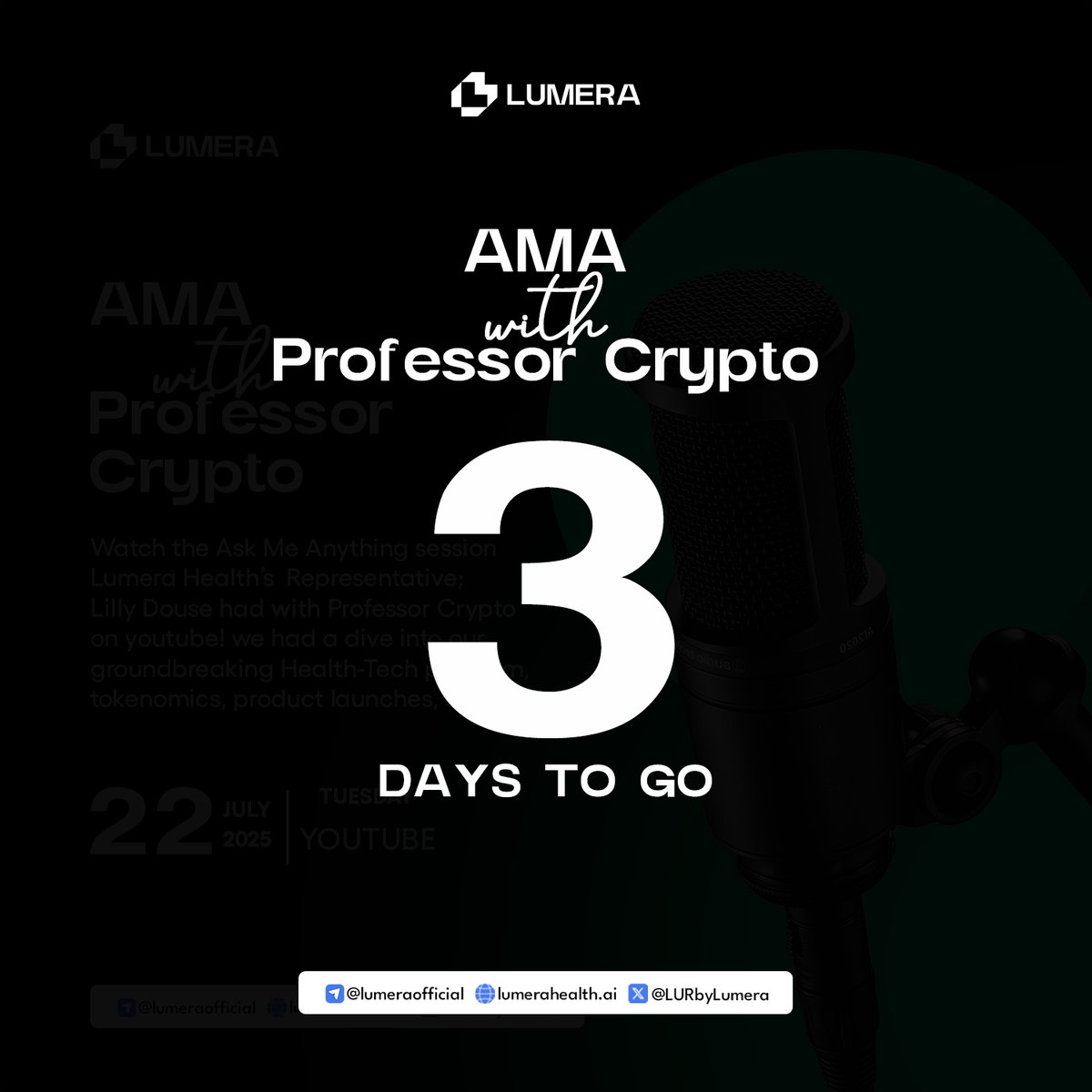 LURbyLumera's tweet image. The countdown is ON!
We're just 3 days away from our highly anticipated AMA with Professor Crypto!
Get ready for an insightful session where we'll dive deep into:
Market insights and analysis
Project updates and future plans
Your burning questions answered live
Exclusive…