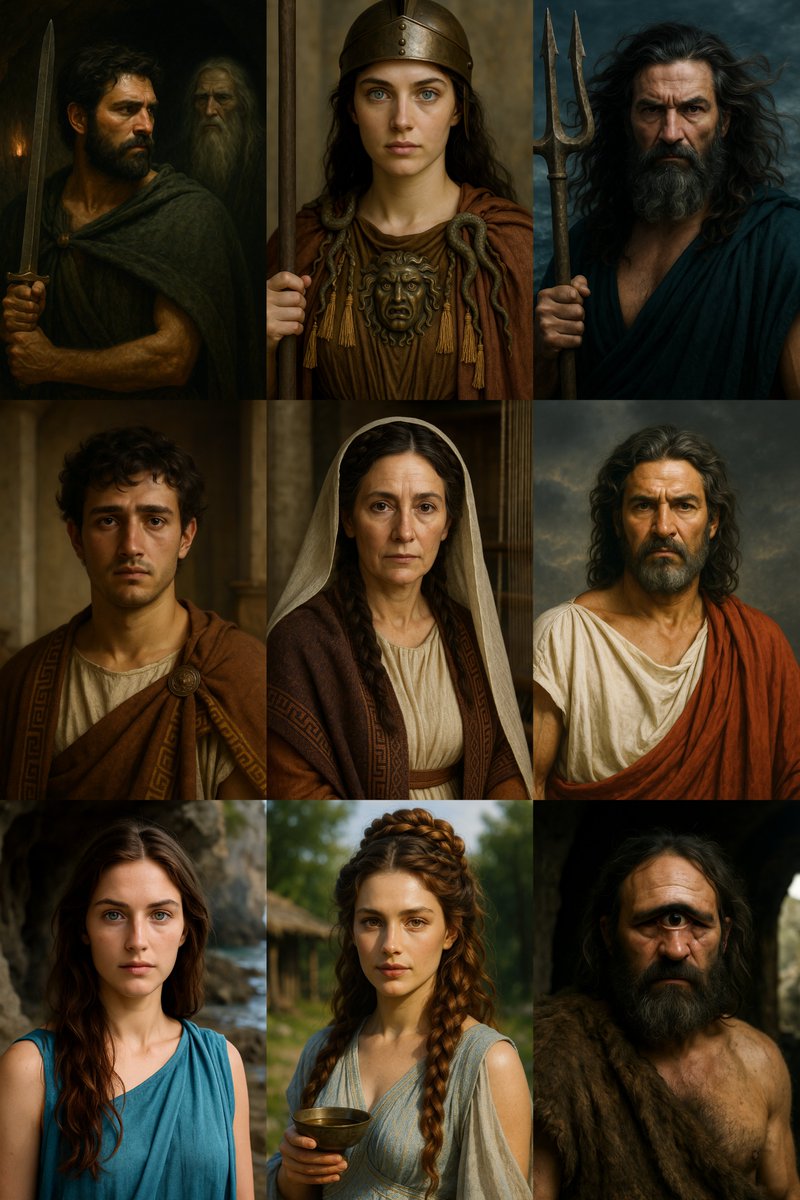 iosif_lazaridis's tweet image. A 64-image cast of the Odyssey in the PDF:
dropbox.com/scl/fi/g4tovj1…
A 9-image collage of some of the main characters.
Plus, a Siren, Teiresias, and Argos.