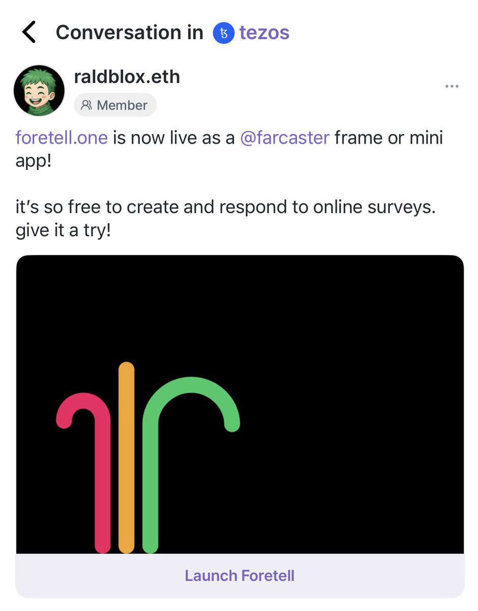 raldblox's tweet image. foretell.one is now live on @farcaster_xyz!

could this be the very first farcaster frame to run with $XTZ? either way, more @onchainsupply products and integrations are on their way to serve this vibrant community!

launch foretell from this cast:…