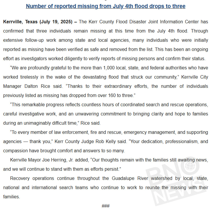 BNODesk's tweet image. A bit of good news after the devastating floods in Texas:
More than 100 people previously reported as missing have been confirmed safe. Only 3 people are still missing.