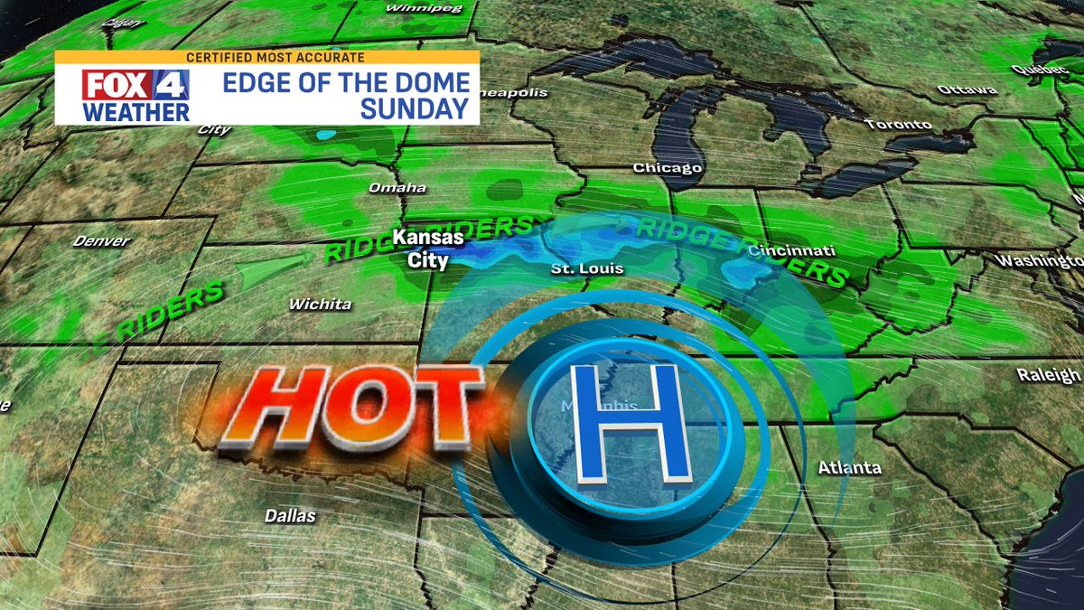 Jacob Lanier (@jacoblanierwx) on Twitter photo Kansas City is still on the edge of the heat dome which is positioned over the Deep South. That allows scattered "ridge rider" storms to still impact parts of our region Sunday & Monday before the high moves overhead & temps climb. <a href="/fox4kc/">FOX4 News Kansas City</a> #KCwx #MOwx #KSwx Kansas City is still on the edge of the heat dome which is positioned over the Deep South. That allows scattered "ridge rider" storms to still impact parts of our region Sunday & Monday before the high moves overhead & temps climb. <a href="/fox4kc/">FOX4 News Kansas City</a> #KCwx #MOwx #KSwx