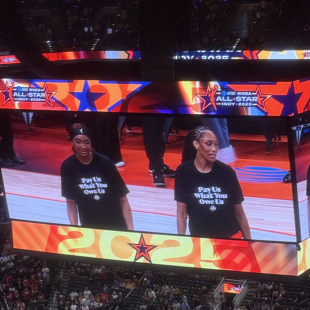 Vision4theBlind's tweet image. WNBA players wearing shirts that say "Pay Us What you Owe Us" at their All-Star game tonight.
Well if that was the case they would be playing for free.