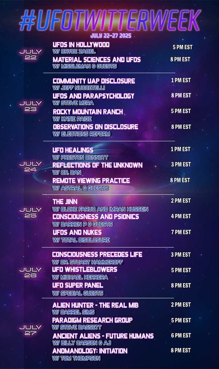 Check out the schedule for #ufotwitterweek

More speakers and spaces still to be announced! Jump into the discussions next week.👽🛸