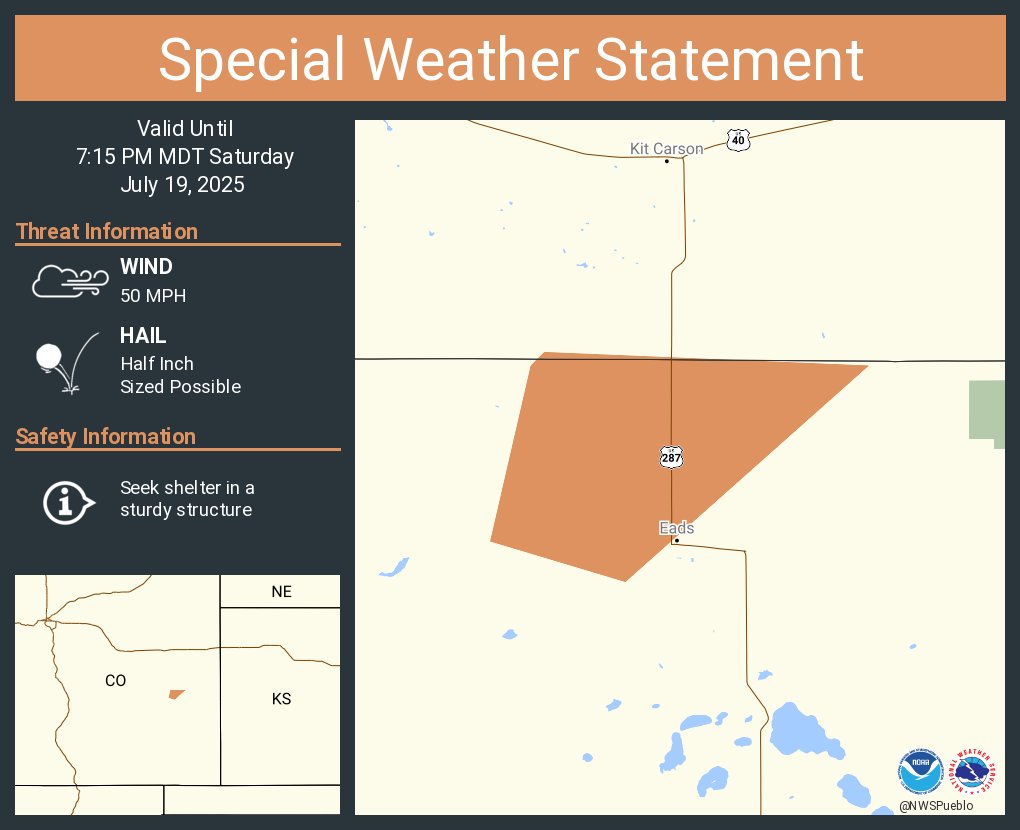 A special weather statement has been issued for Kiowa County, CO until 7:15 PM MDT