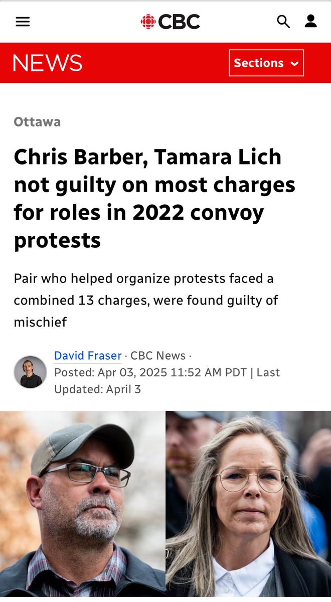 KarlDHarrison's tweet image. The remains the only truthful MSM headline about the outcome of the trial of Tamara Lich and Chris Barber.