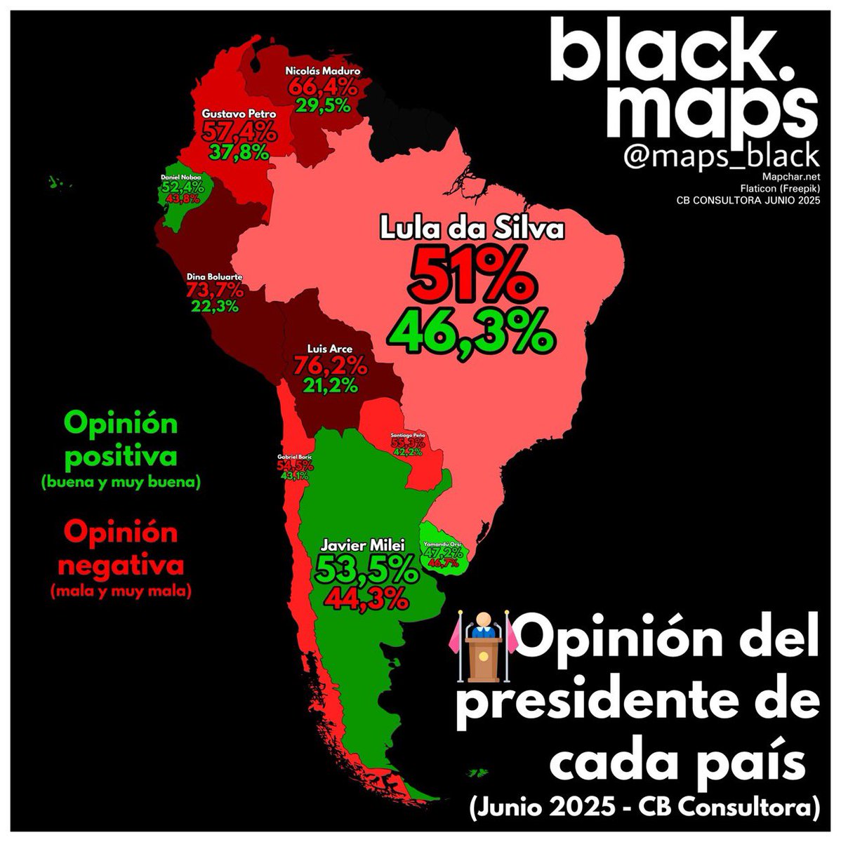 _EncuestAR_'s tweet image. Mapa de popularidad presidencial en Sudamérica:
Javier Milei sería el presidente con mejor imagen.
🟢 Positiva: 53,5%
🔴 Negativa: 44,3%
⚪️ No sabe / No contesta: 2,2%
Mapa vía @maps_black
Fuente: @CBconsultoraok / 14 al 20 de junio / 12355 casos totales