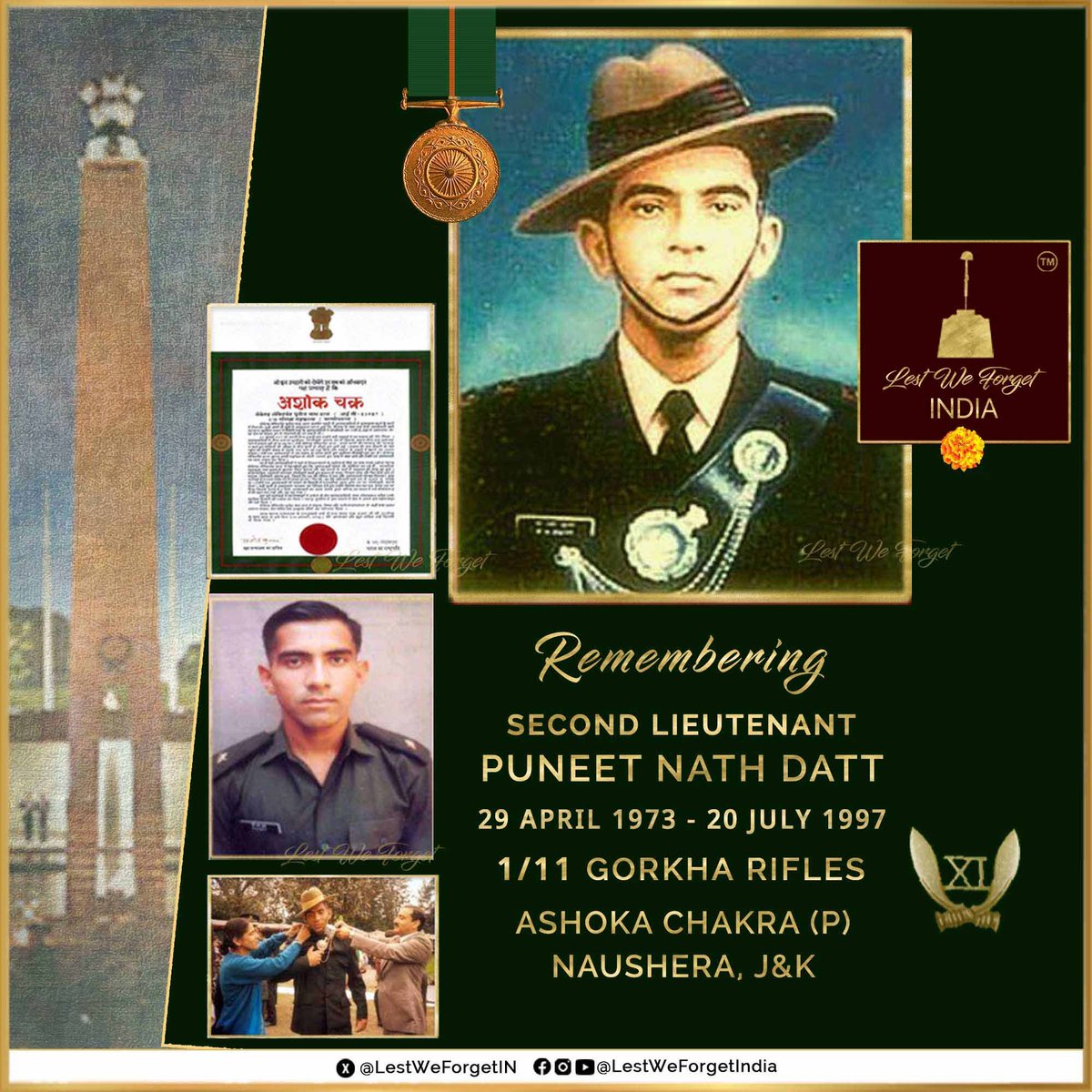 LestWeForgetIN's tweet image. A #BravestOfTheBrave remembered.

#LestWeForgetIndia🇮🇳 Second Lieutenant Puneet Nath Datt, Ashoka Chakra (P), 1/11 GORKHA RIFLES (BATALIK).

The gallant #IndianBrave made the supreme sacrifice #OnThisDay 20 July in 1997, in a fierce firefight against terrorists in Naushera, J&amp;amp;K…