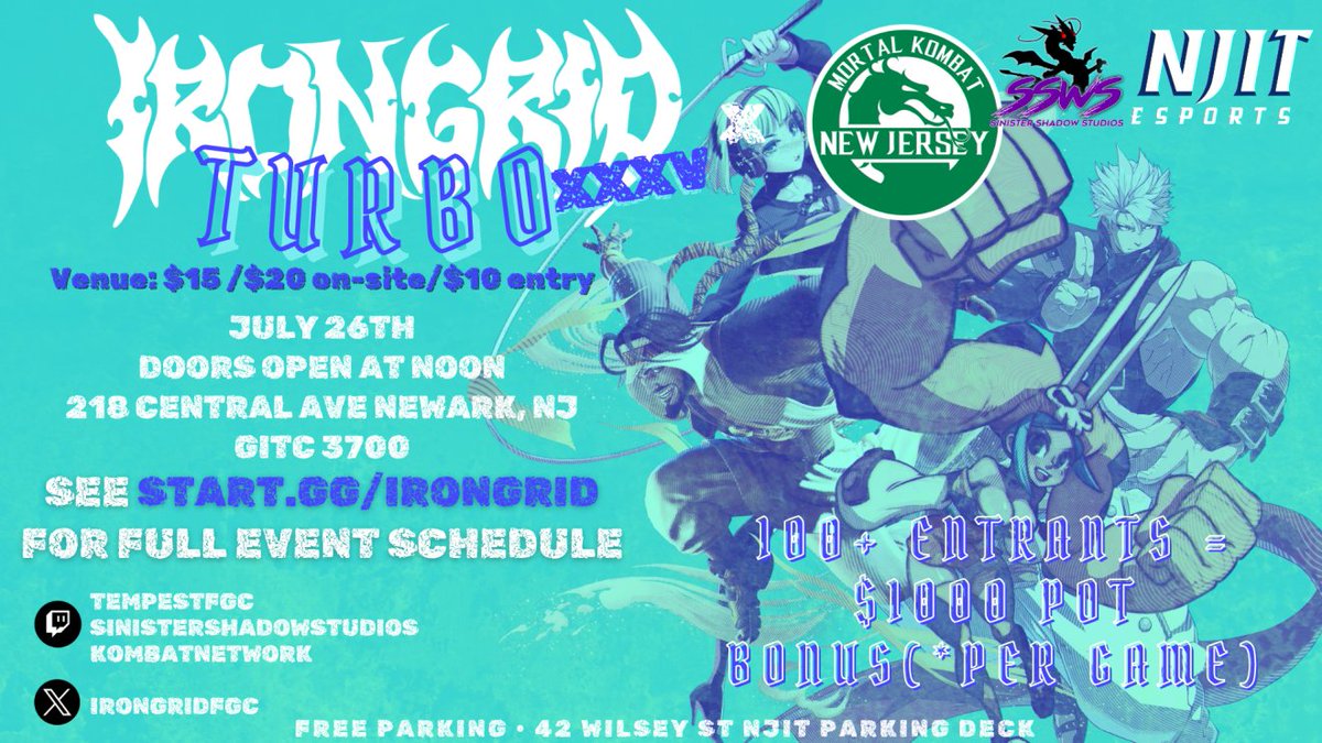KombatNetwork's tweet image. Coming up next Saturday #MK1 players, our next in-person offline Tournament Stream is: Saturday, July 26th - 2PM east start time
Iron Grid 35 x MKNJ, live from NJIT. Tune in as always for Mortal Kombat action on Twitch!
If you want to attend, pre-reg at start.gg/tournament/iro…